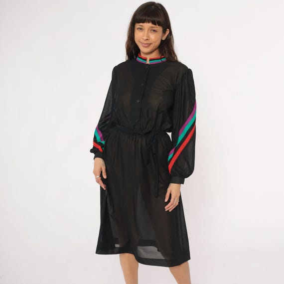 80s Black Dress Sheer Striped Trim Long Sleeve Knee Length Elastic Waist Stand Collar Blouson Vintage Secretary Style Sundress Medium M