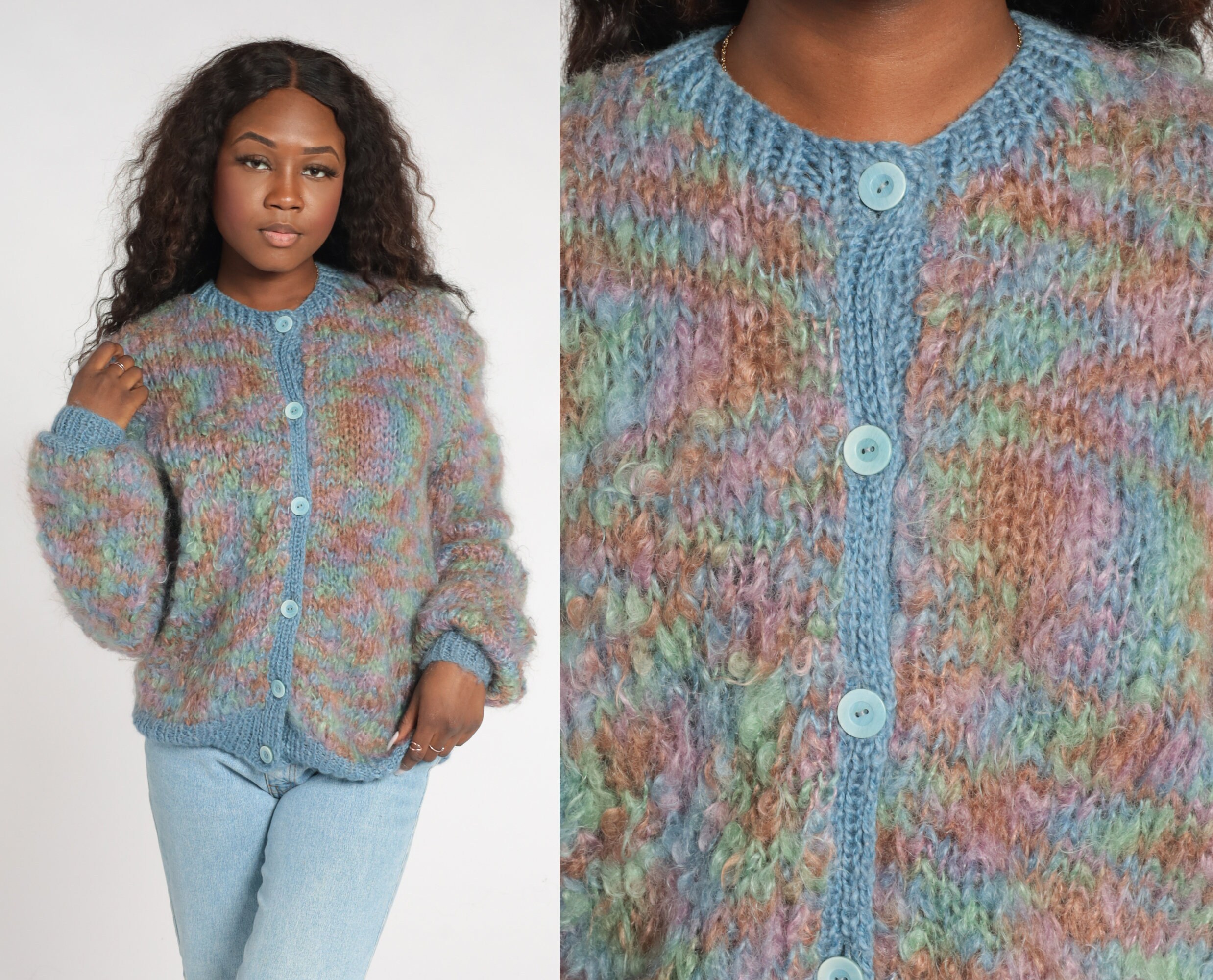 Space Dye Cardigan 80s Button Up Mohair Knit Sweater Colorful Bohemian