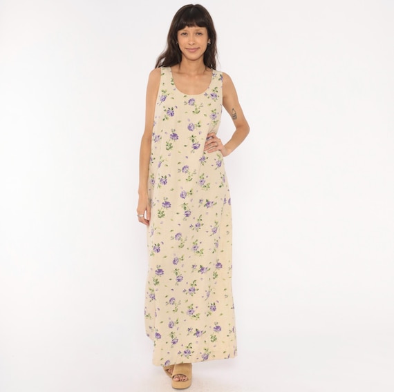 90s Floral Linen Maxi Dress Purple Rose Sleeveless Tank Cream Beige Lavender Green Cottagecore Summer Garden Prairie Vintage Extra Large XL