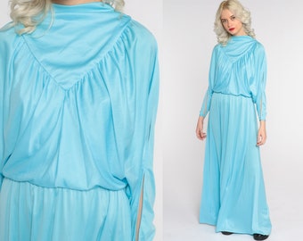 Long Blue Dress Split Sleeve Dress 70s Maxi Dress GRECIAN Goddess Party Disco Draped Cocktail High Waist Vintage Long Sleeve Small Medium