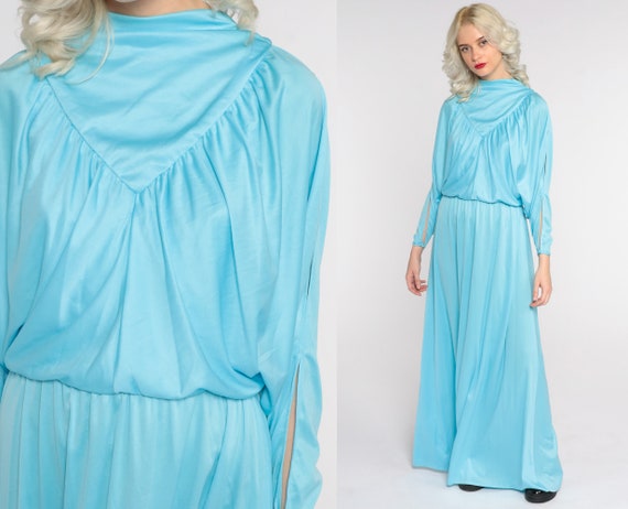 Long Blue Dress Split Sleeve Dress 70s Maxi Dress GRECIAN Goddess Party Disco Draped Cocktail High Waist Vintage Long Sleeve Small Medium