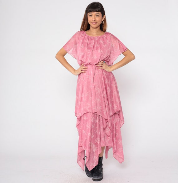 70s Floral Hanky Dress Pink Grecian Party Dress High Low Scarf Hem Dress Split Sleeve Midi Dress Disco Hippie Boho 1970s Vintage Small