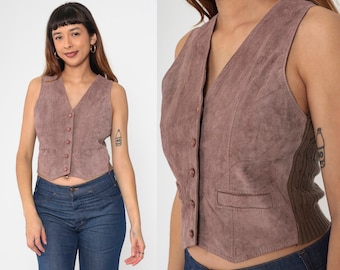 Cocoa Brown Suede Vest 80s Leather Button up Cropped Vest Top Cable Knit Sweater Back Cropped Sleeveless Jacket Boho Vintage 1980s Medium M