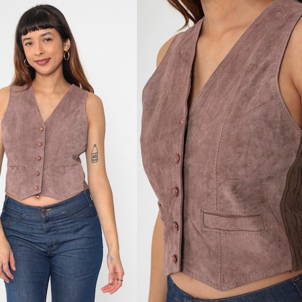 Cocoa Brown Suede Vest 80s Leather Button up Cropped Vest Top Cable Knit Sweater Back Cropped Sleeveless Jacket Boho Vintage 1980s Medium M