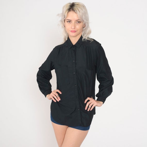 80s Black Blouse Plain Long Sleeve Top 80s Button Up Shirt Collared 1980s Chest Pocket Basic Solid Small