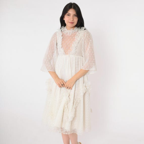 Vintage 70s White Lace Prairie Dress 1970s High Neck Sheer Yoke Romantic Boho Ruffle Trim Cottagecore Bohemian Midi Party Gown 2xs xxs