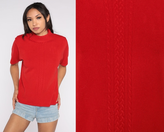 Red Knit Shirt 90s Mock Neck Sweater Top Retro Boho Short Sleeve Sweater Mock Neck Blouse Basic Simple Plain Minimal Vintage 1990s Medium M