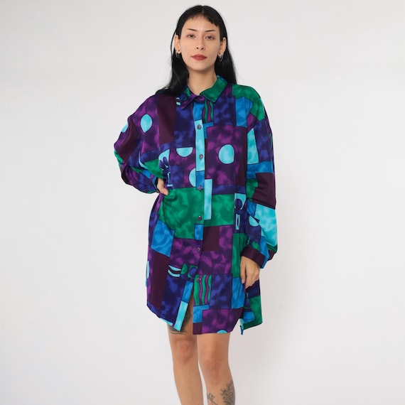 Vintage 90s Abstract Shirt Dress Color Block Mini Oversized Button Up Purple Blue Patchwork Long Sleeve 1990s Shirtdress Shift 3x 48