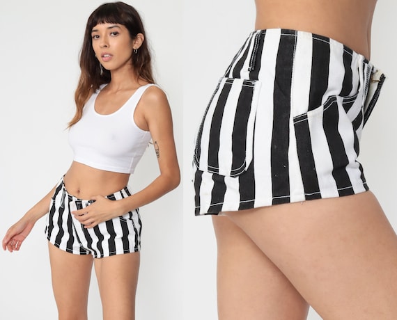 Striped Jean Shorts 80s Black White Denim Shorts Hotpants Mid Rise