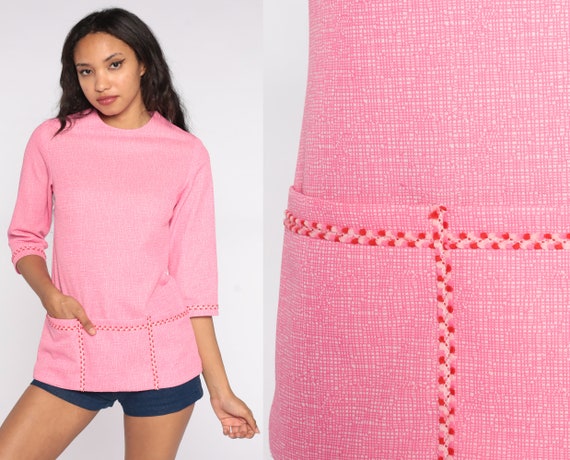 Pink Mod Blouse 70s Top Pocket Shirt 60s Polyester Knit Shirt Vintage 3/4 Sleeve Retro Plain Twiggy Sixties Shirt Small S