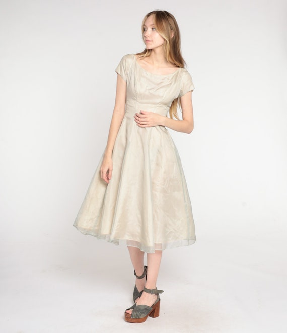 Vintage 50s Party Dress Taupe Organza Cocktail Dress Full Skirt Midi Retro Formal Prom High Waist Rose Cap Sleeve Pinup 1970s Extra Small xs
