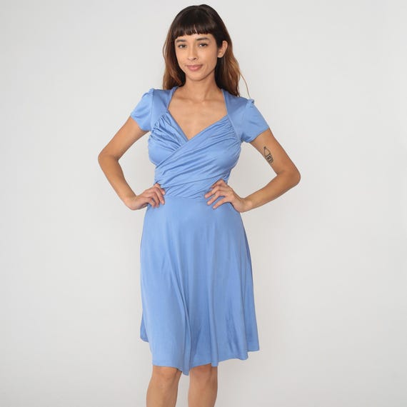 Y2K Blue Wrap Dress Ruched Bodice Short Puff Sleeve Periwinkle Surplice Neckline Gathered Coquette Balletcore Summer Vintage Extra Small XS
