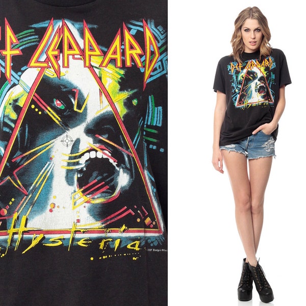 DEF LEPPARD Shirt 80s TShirt Hysteria Tour Band T Shirt Black Faded 1980s Tee Vintage Heavy Metal Rock N Roll Leopard Extra Small Medium XS