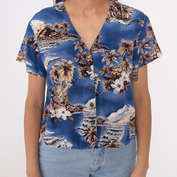 Blue Hawaiian Shirt Y2k Ukulele Tropical Button U… - image 7