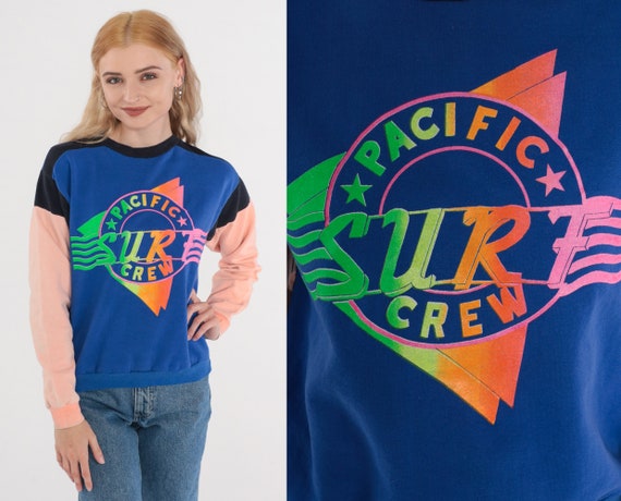Pacific Crew Surf Sweatshirt 90s Surfer Sweatshirt Color Block Sweater Surfing Graphic Shirt Blue Peach Black Vintage 1990s Extra Small xs