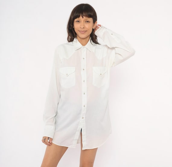90s Western Snap Shirt White Cotton Pointed Collar Yoke Detail Pearl Cowboy Blouse Ivory Ranch Style Country Top Miller Cream Extra Large XL