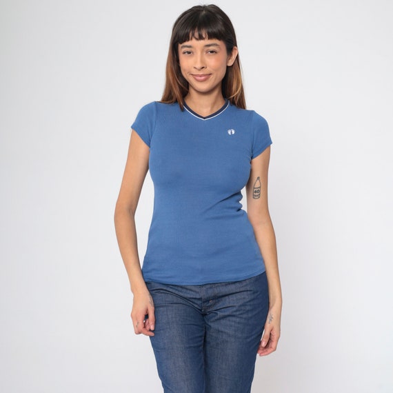 Vintage Hang Ten Shirt Blue Ringer Neckline TShirt 90s T Shirt Surfer Retro Tee Surf Shirt V Neck Short Sleeve Shirt 1990s Extra Small xs