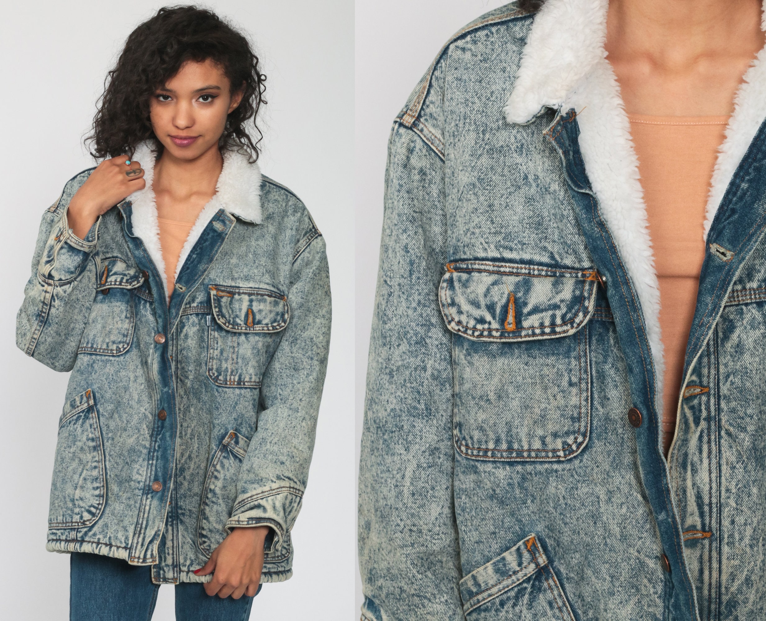 Levis Denim Jacket ACID WASH Denim Shearling Coat 80s Jean - Etsy