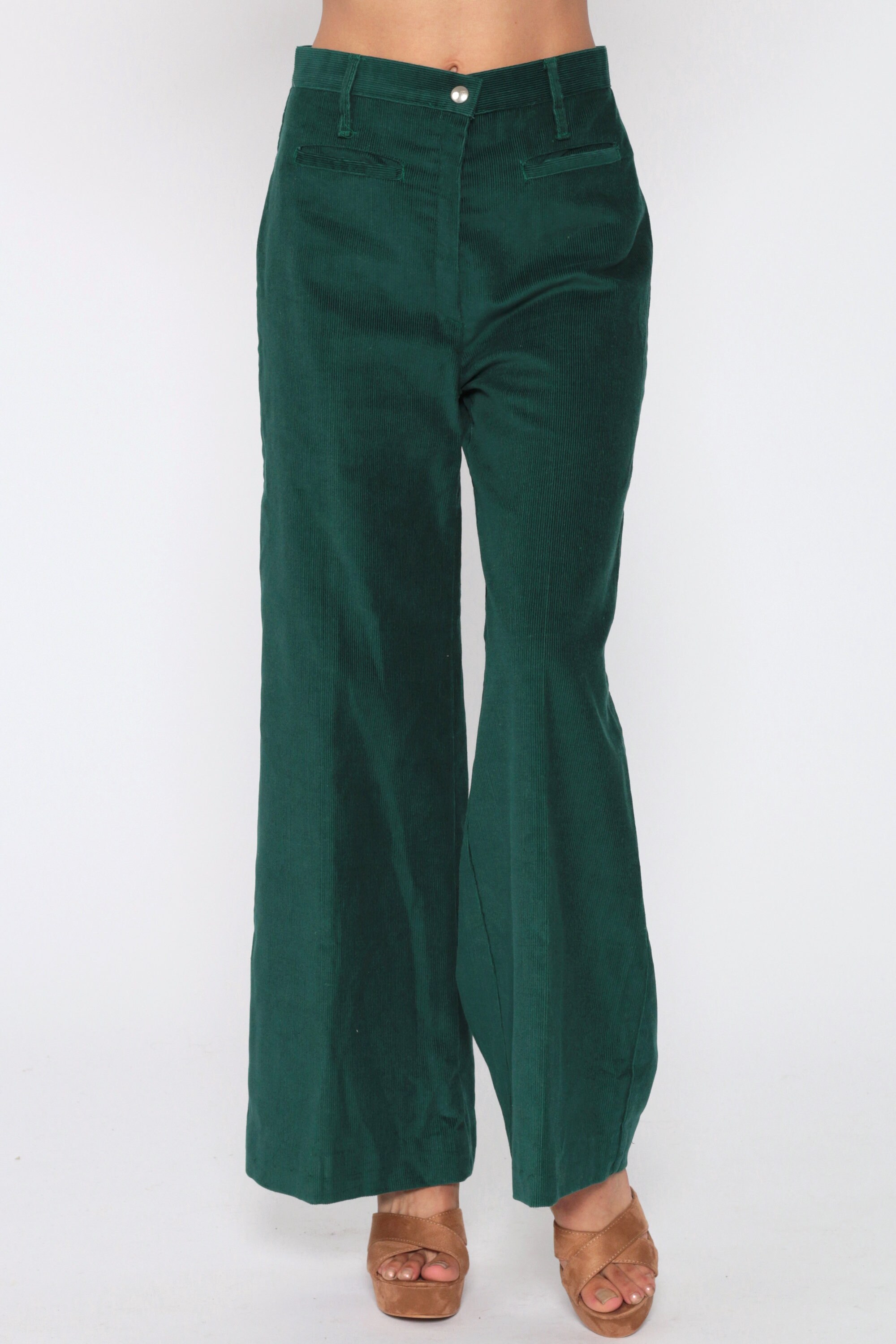 Corduroy BELL BOTTOM Pants 70s Hippie Dark Green High Waisted Trousers Boho Wide Leg Flared 