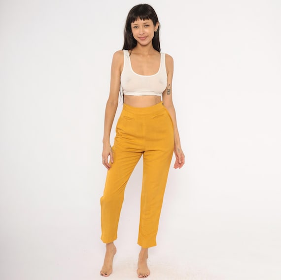 90s Linen Mustard High Waist Trousers Blend Tapered Pants Gold Slacks Pocket Slim Fit Golden Yellow Minimal Bottoms Vintage Extra Small XS