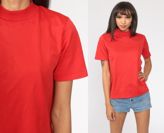 70s Mod Shirt Mock Neck Red Top 1970s Plain Blouse Vintage Short Sleeve Shirt Hipster Normcore Basic Top Seventies Medium Large