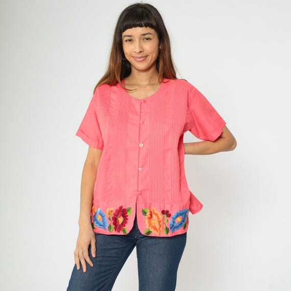 Floral Embroidered Blouse 90s Pink Pintuck Pleat Top Button Up Shirt Short Sleeve Mexican Blouse Vintage 1990s Medium 38