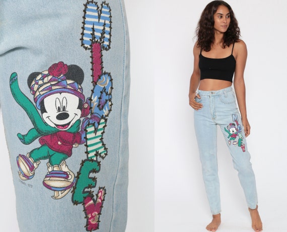 90s MICKEY MOUSE Jeans Jerry Leigh Disney Mom Jeans High Waisted Tapered Leg Light Blue Denim Pants Blue 1990s Vintage Kawaii Extra Small xs