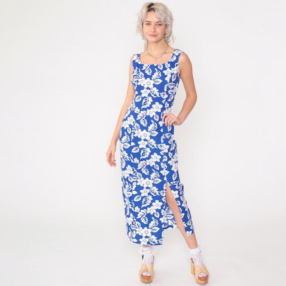 Vintage Floral Summer Dress 90s Blue Sundress High Front Slit Ankle Length Midi Sun Dress 1990s Bohemian Tropical Sleeveless Sheath Small S