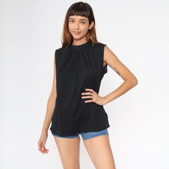 Mod Tank Top 70s Black Draped Sleeveless Shirt Retro Tank Top Boho Blouse Vintage Round Neck Plain Simple Polyester 1970s Large L