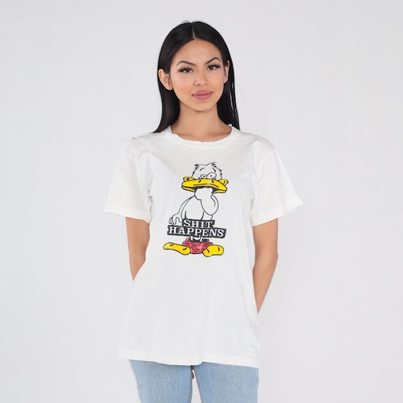 Shit Happens Shirt 90s Funny Duck T-Shirt Dirty Joke Cartoon Graphic Tee Retro Dark Humor TShirt Single Stitch White Vintage 1990s Medium M