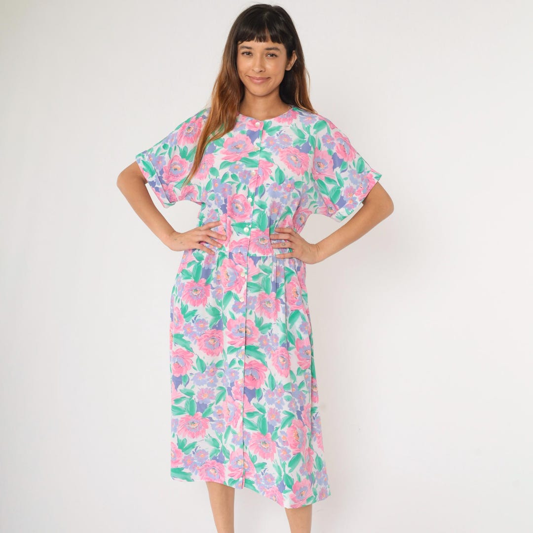 Vintage 80s Green Pink Floral Checked Square Neck Prairie Midi Dress 8 10 S