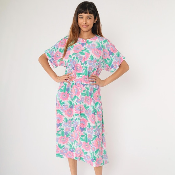 80s Floral Midi Dress Pink Purple Button Up Shirtdress 1980s Pastel High Elastic Waist Full Skirt Romantic Short Sleeve Medium