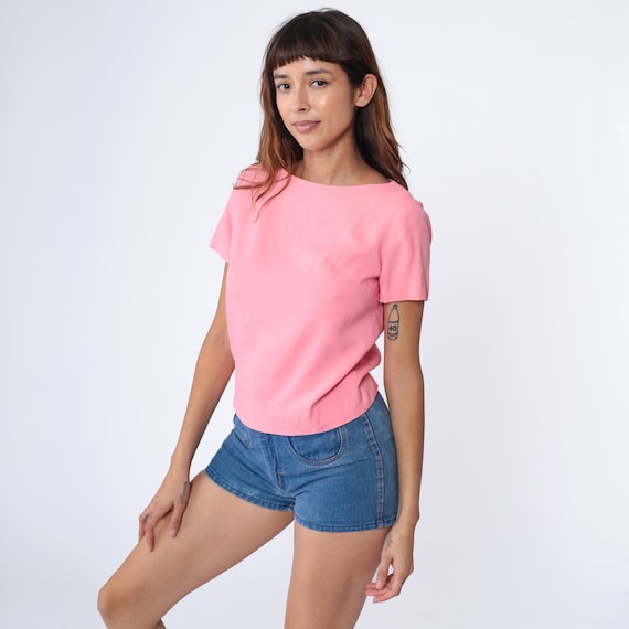 60s Mod Shirt Bubblegum Pink Top 1960s Plain Blouse Vintage Short Sleeve Shirt Basic Top Sixties Jackie O Small S
