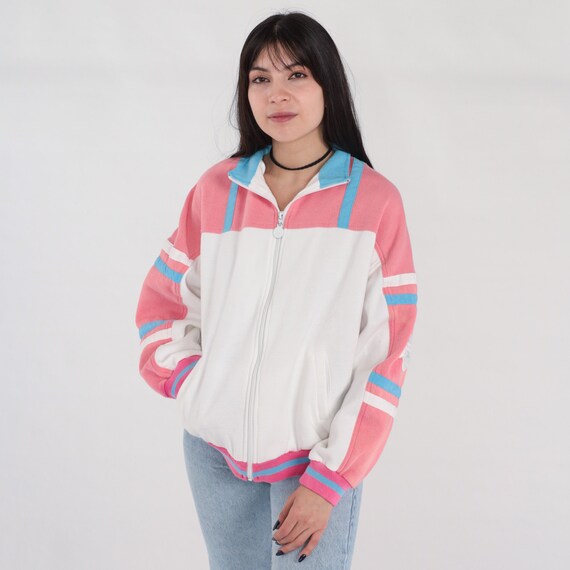 Adidas Track Jacket 90s Zip Up Sweatshirt White Pink Blue Striped Color Block Warmup Retro Streetwear Athleisure Girly Vintage 1990s Large L