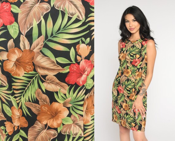 Hawaiian Mini Dress 90s Black Tropical Floral Leaf Print Dress Retro Summer Shift Grunge Hibiscus Flower Print Vintage 1990s Medium 8