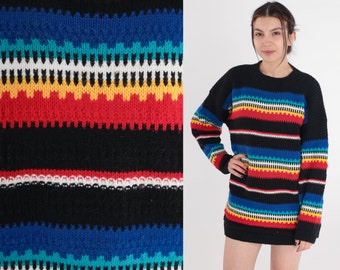 80s Striped Sweater Black Pullover Knit Sweater Retro Crewneck Jumper Blue Red Yellow White Acrylic Bright Colorful Vintage 1980s Small S