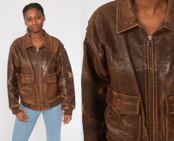 Leather Bomber Jacket Brown Leather Biker 80s Moto