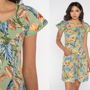 Tropical Floral Dress Y2k Green Hawaiian Mini Dress Flower Leaf Bird of Paradise Print Cap Sleeve Sheath Day Vintage 00s Extra Small xs
