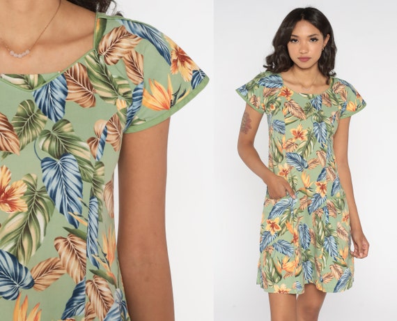 Tropical Floral Dress Y2k Green Hawaiian Mini Dress Flower Leaf Bird of Paradise Print Cap Sleeve Sheath Day Vintage 00s Extra Small xs