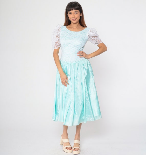 80s Party Dress Aqua Blue Taffeta Lace Dress Puff… - image 2