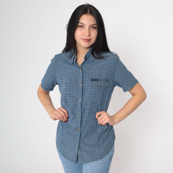 Y2K Harley Davidson Shirt Blue Plaid Blouse Grunge Button Up Biker Checkered Short Sleeve Vintage 00s Small S