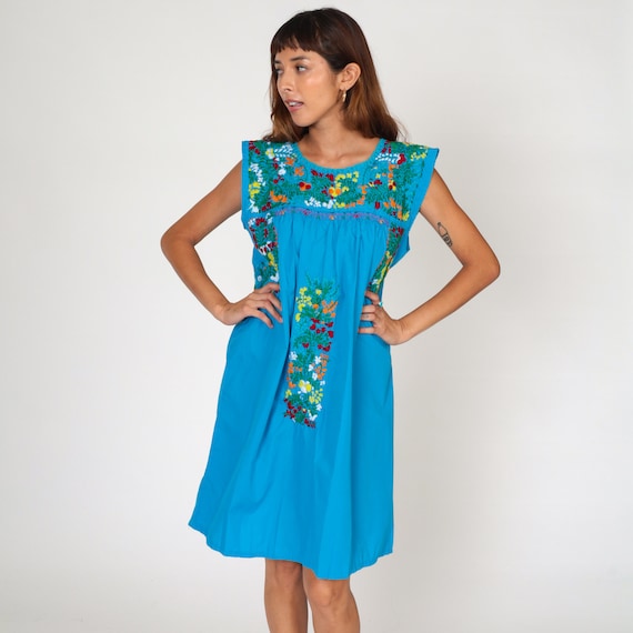 Mexican Oaxacan Dress Embroidered Hippie Boho Mini 70s Cap Sleeve Tent Dress Turquoise Blue Bohemian 1970s Floral Cotton Tunic Small Medium