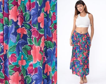 Floral Maxi Skirt 80s Rayon Summer Skirt Ankle Length Boho Print High Waisted 1980s Long Vintage Blue Coral Pink Hippie Festival Medium