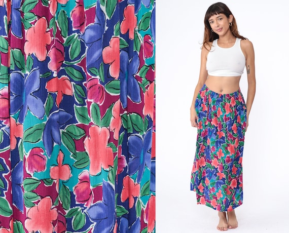 Floral Maxi Skirt 80s Rayon Summer Skirt Ankle Length Boho Print High Waisted 1980s Long Vintage Blue Coral Pink Hippie Festival Medium