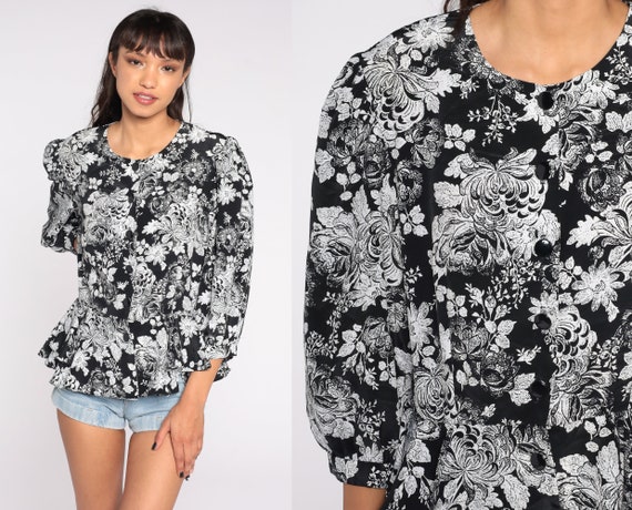 80s Floral Blouse Black White Button Up Shirt Peplum Shirt Long Puff Sleeve Top Boho 90s Vintage Bohemian Medium Large