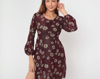 Vintage 90s Metallic Floral Dress Red High Side Slit Mini Dress 1990s Night Out Long Balloon Sleeve Evening Retro Extra Small xs