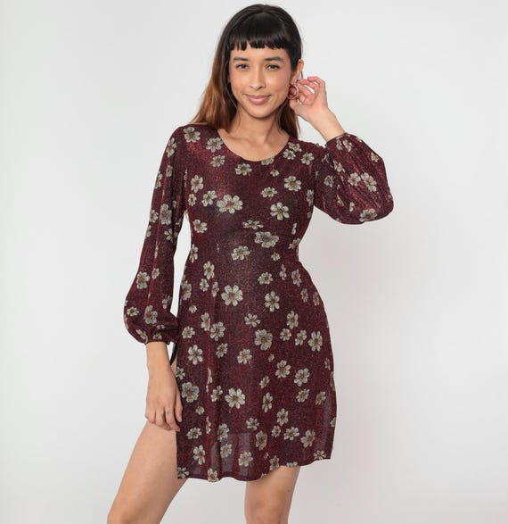 Vintage 90s Metallic Floral Dress Red High Side Slit Mini Dress 1990s Night Out Long Balloon Sleeve Evening Retro Extra Small xs
