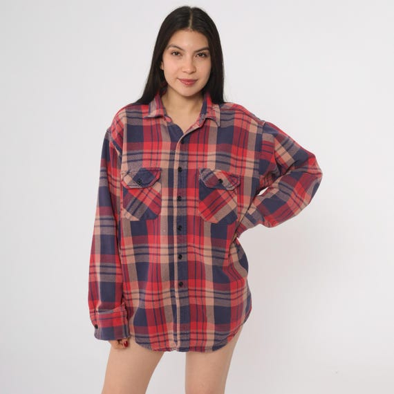 80s Flannel Shirt USA Made Red Navy Plaid Button Front Long Sleeve Outdoor Lumberjack Camping Woodsy Style XXL