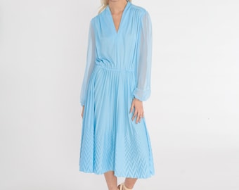 Vestido midi azul de los años 70, vestido de fiesta largo de manga transparente, escote en V, cintura alta, plisado, estilo retro, vestido de secretaria, elegante, vintage, años 70, talla mediana, M