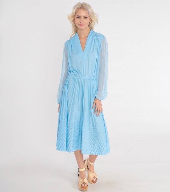 Blue Midi Dress 70s Party Dress Long Sheer Sleeve V Neck High Waisted Knife Pleated Retro Secretary Dress Formal Chic Vintage 1970s Medium M
